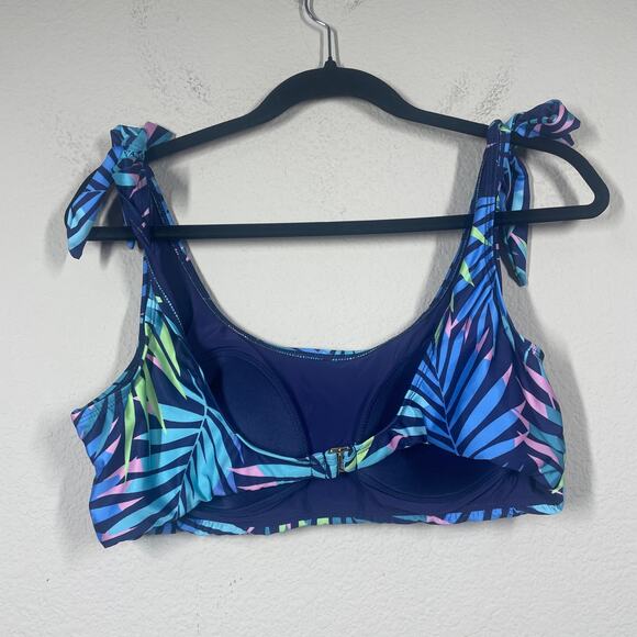 ModCloth 2X Tie Shoulder Bikini Top Swimwear Blue Tropical Palm Leaf - Picture 2 of 9